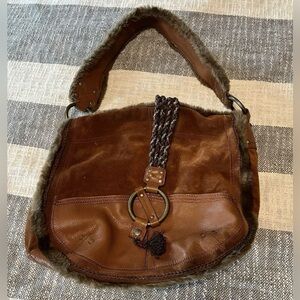 EUC Cul-de-Sac Brown Genuine Leather Faux Fur Trim Bag Purse Boho Hipster